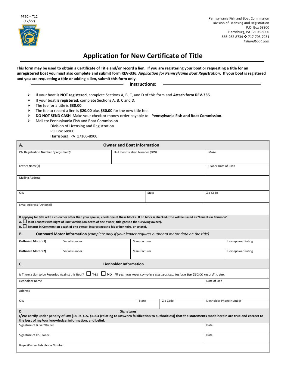 Form PFBC-T12 Application for New Certificate of Title - Pennsylvania, Page 1
