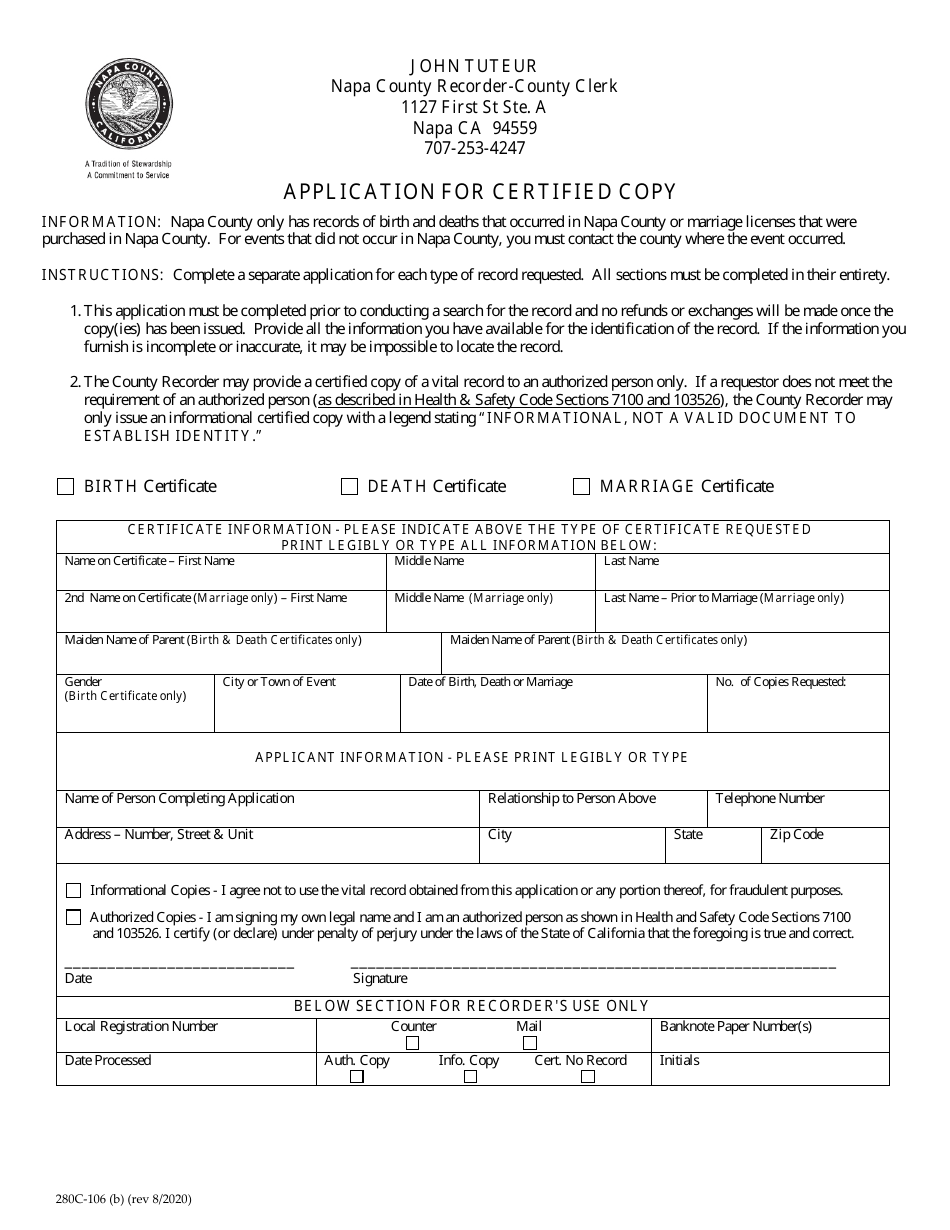 Form 280C-106 (B) Application for Birth, Death or Marriage Certified Copies Lnu Exempt - Napa County, California, Page 1
