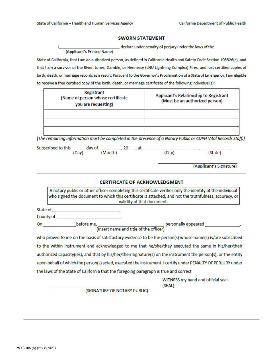 Form 280C-106 (B) Application for Birth, Death or Marriage Certified Copies Lnu Exempt - Napa County, California, Page 3