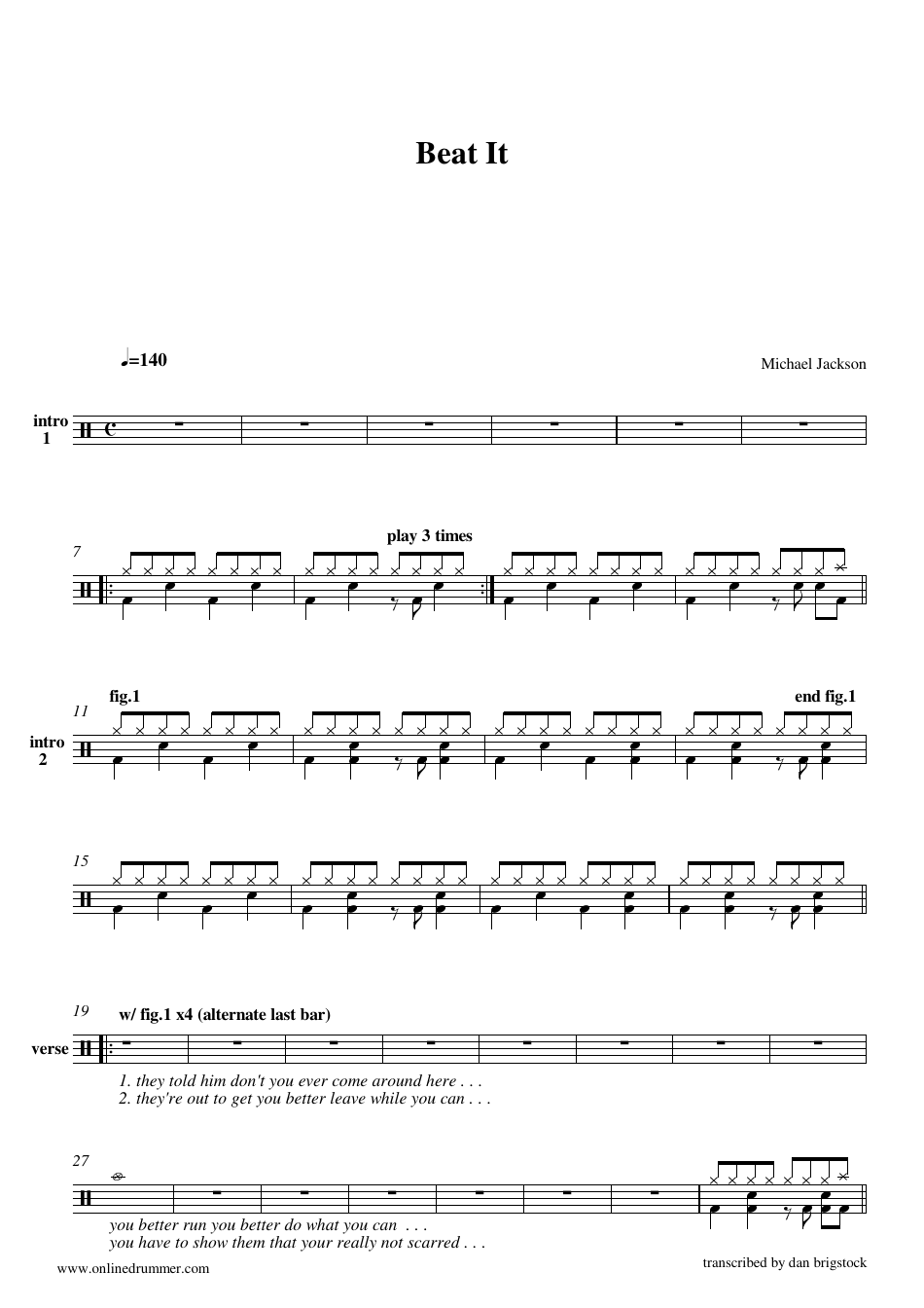 Beat It Drum Sheet Music by Michael Jackson Title and Cover Image
