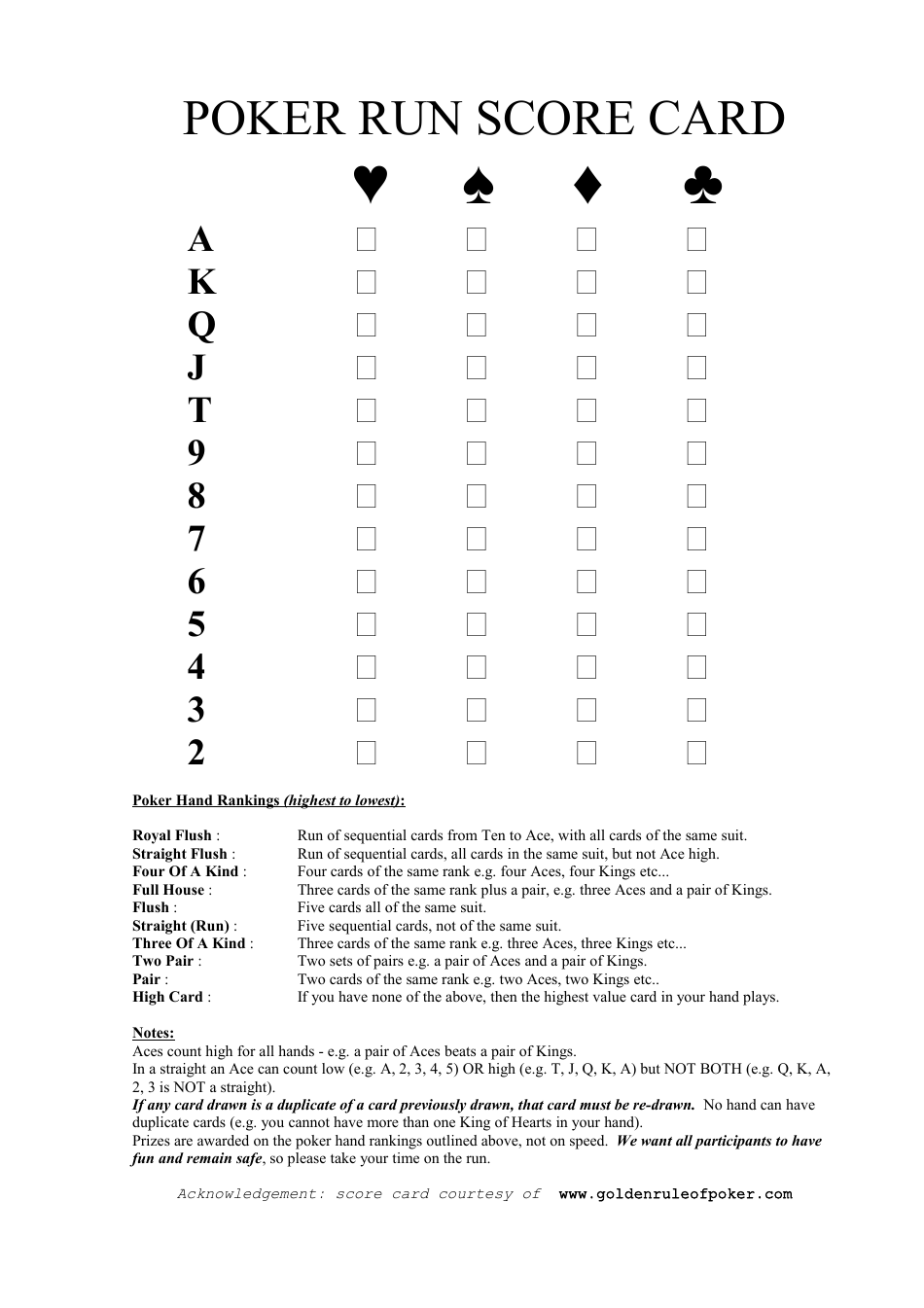 Poker Run Score Sheet Template Download Printable PDF Templateroller