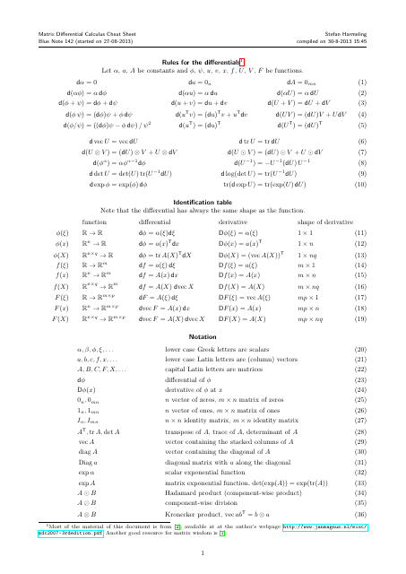 Matrix Differential Calculus Cheat Sheet - Stefan Harmeling
