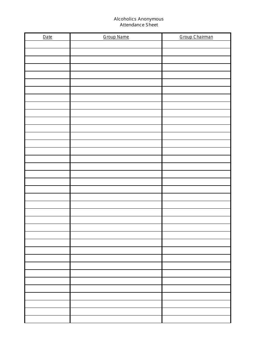 Alcoholics Anonymous (Aa) Attendance Sheet Template Three Columns