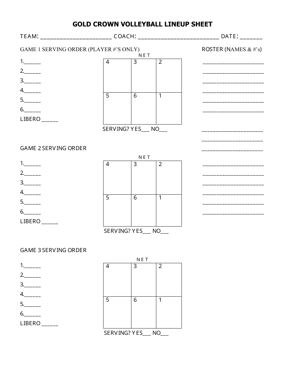 Volleyball Lineup Sheet Template with Gold Crown Foundation design