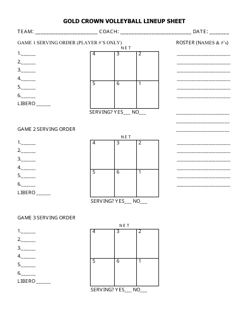 Volleyball Lineup Sheet Template with Gold Crown Foundation design