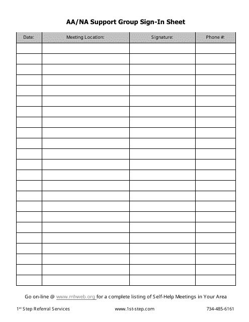 Aa/Na Support Group Sign-In Sheet Template
