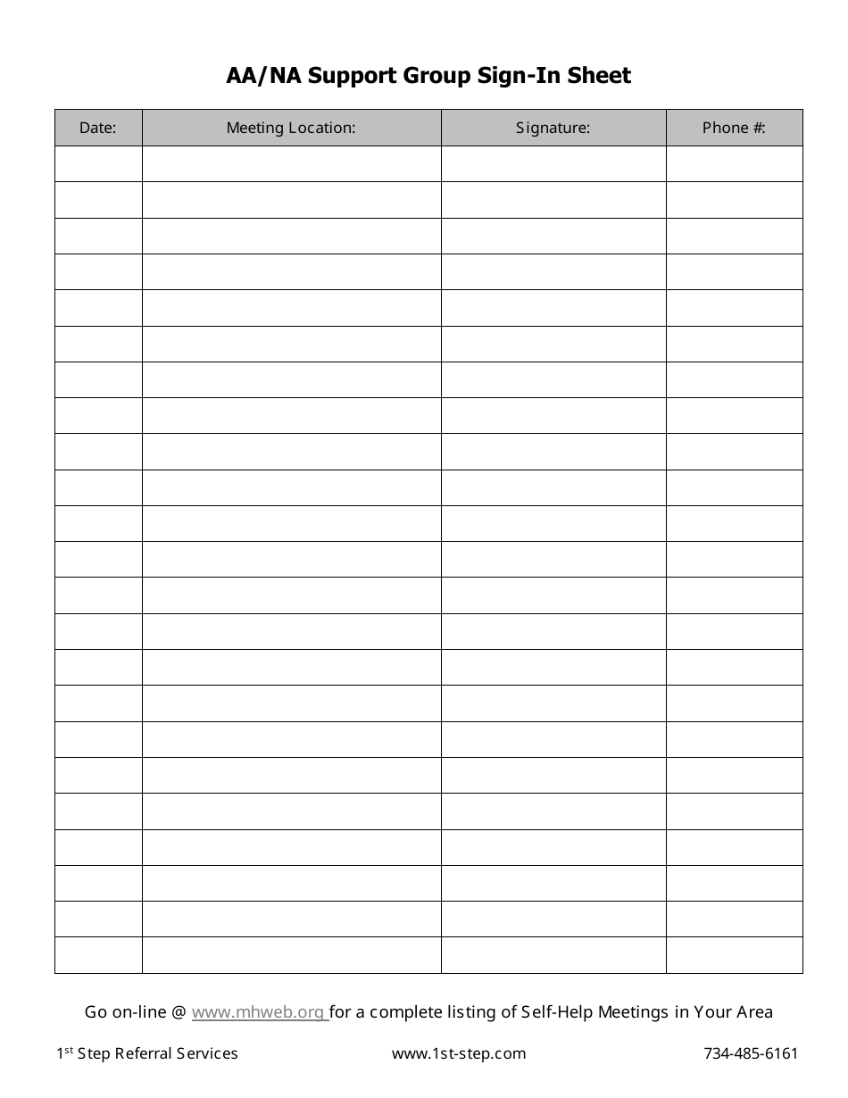 Aa/Na Support Group Sign-In Sheet Template Download Printable PDF With Regard To Meeting Sign In Sheet Template