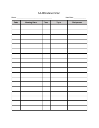Document preview: Alcoholics Anonymous (Aa) Attendance Sheet Template - Five Columns