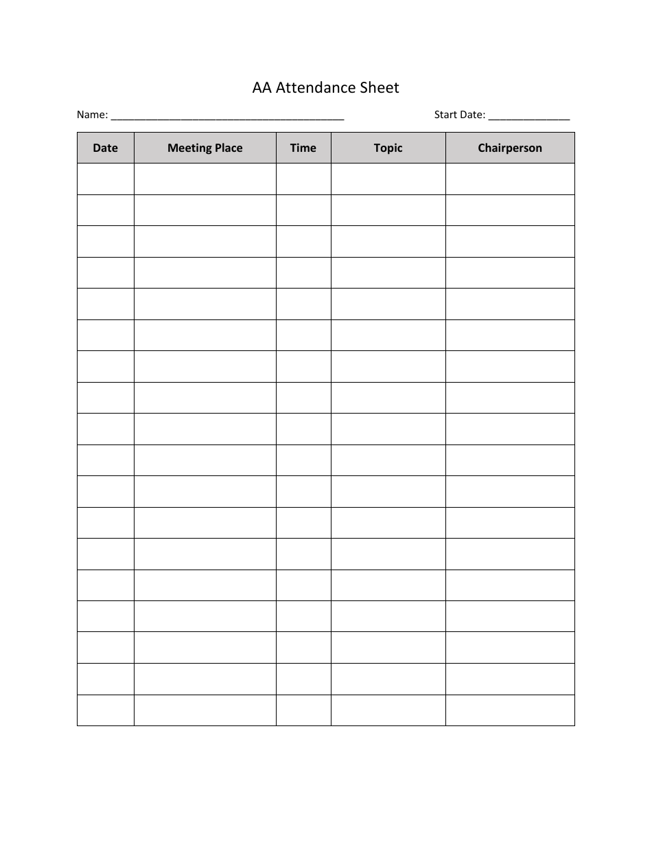 Alcoholics Anonymous (Aa) Attendance Sheet Template Download Printable