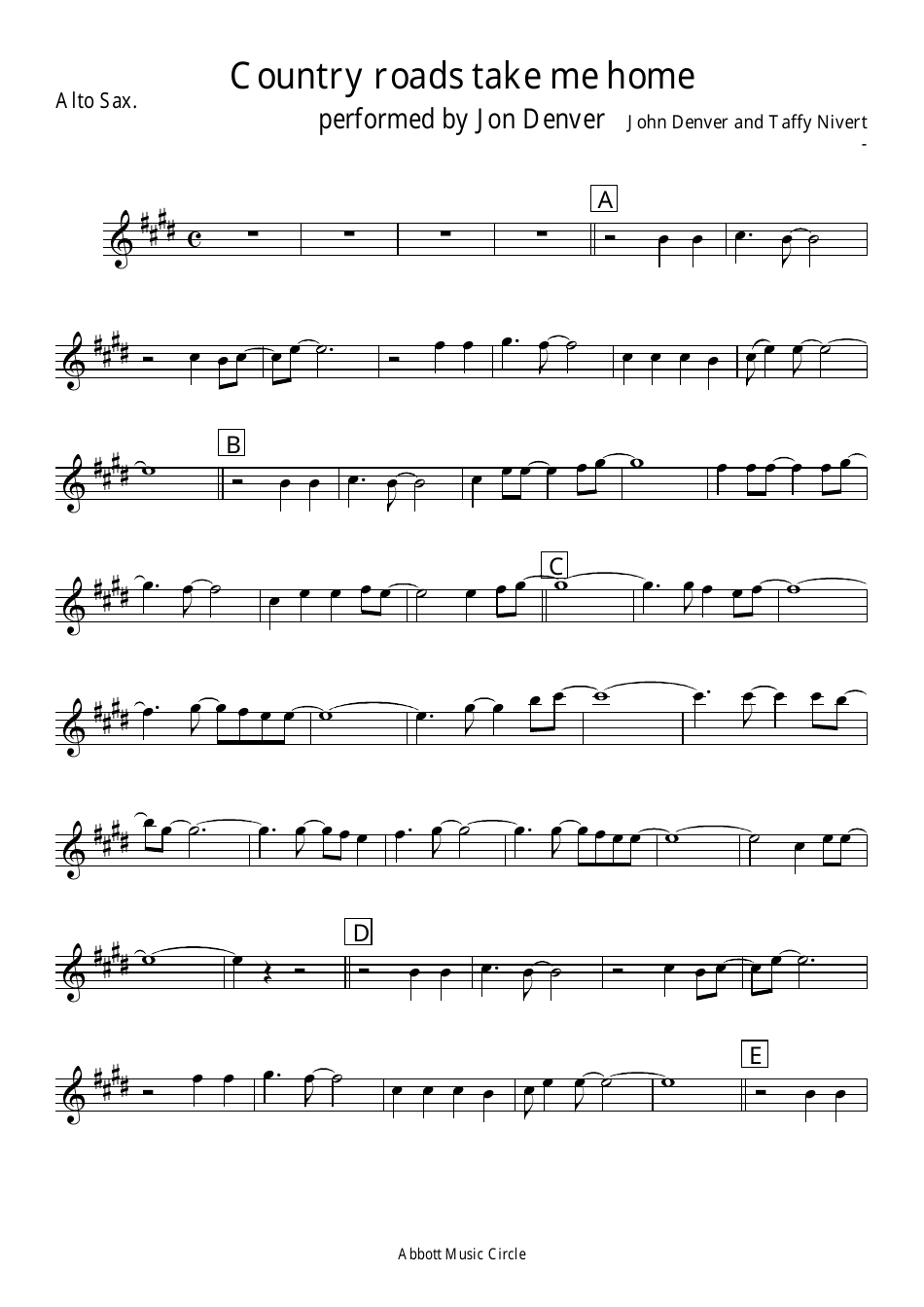 Sheet music preview of "Country Roads Take Me Home" for alto saxophone performed by Jon Denver and Taffy Nivert on TemplateRoller.