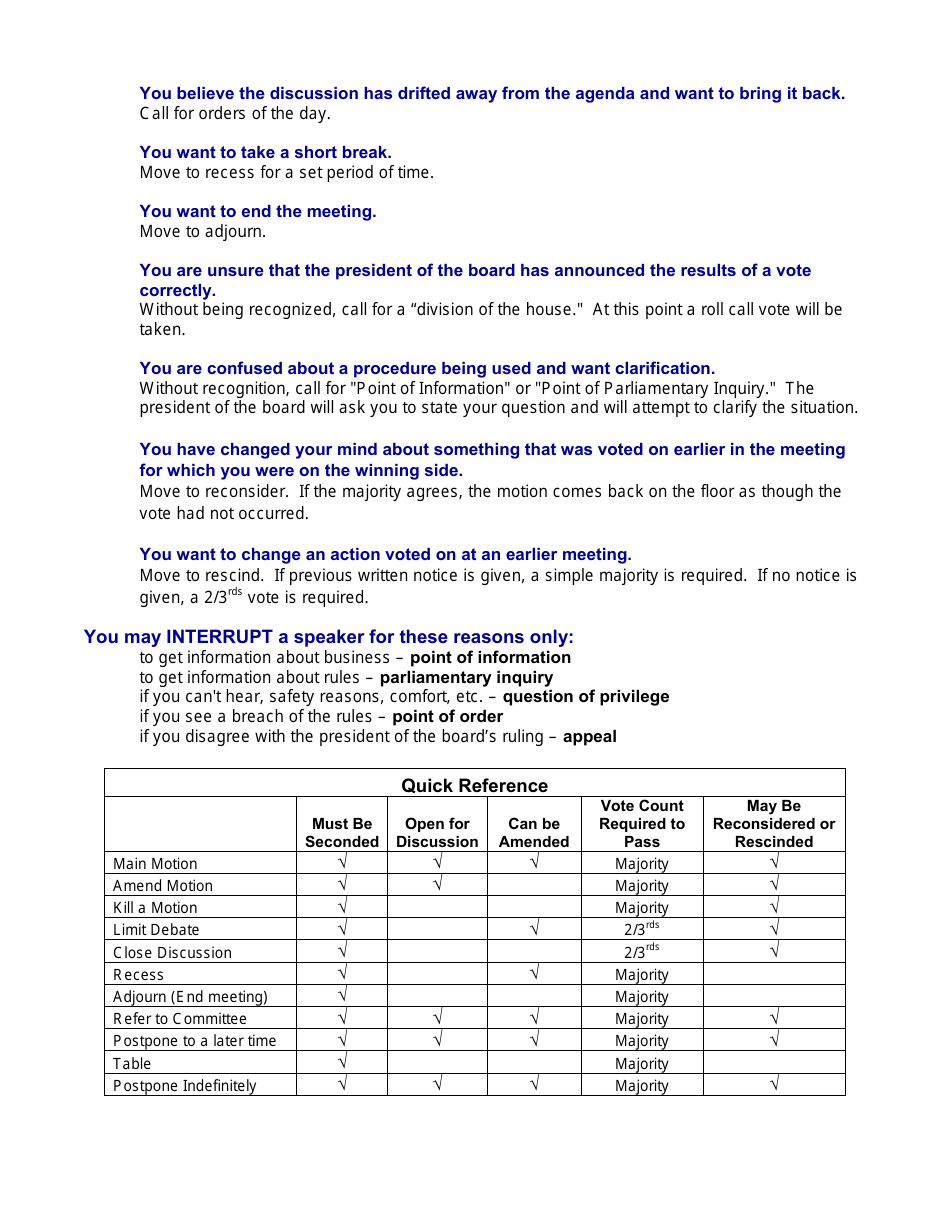 Simplified Roberts Rules of Order Cheat Sheet Download Printable PDF