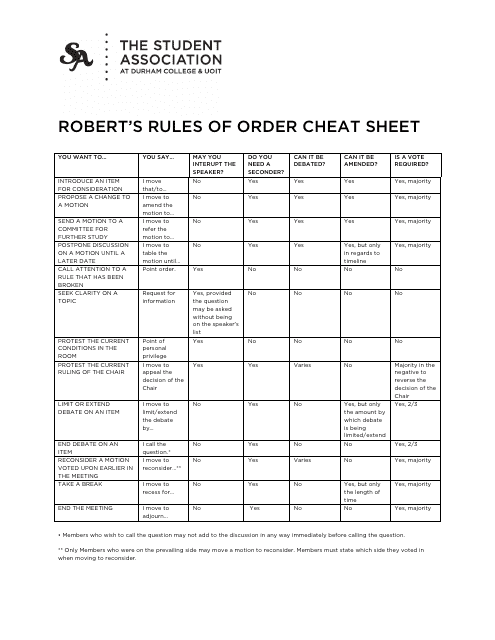 Robert's Rules of Order Cheat Sheet for Student Association at Durham College and UOIT - Ontario, Canada