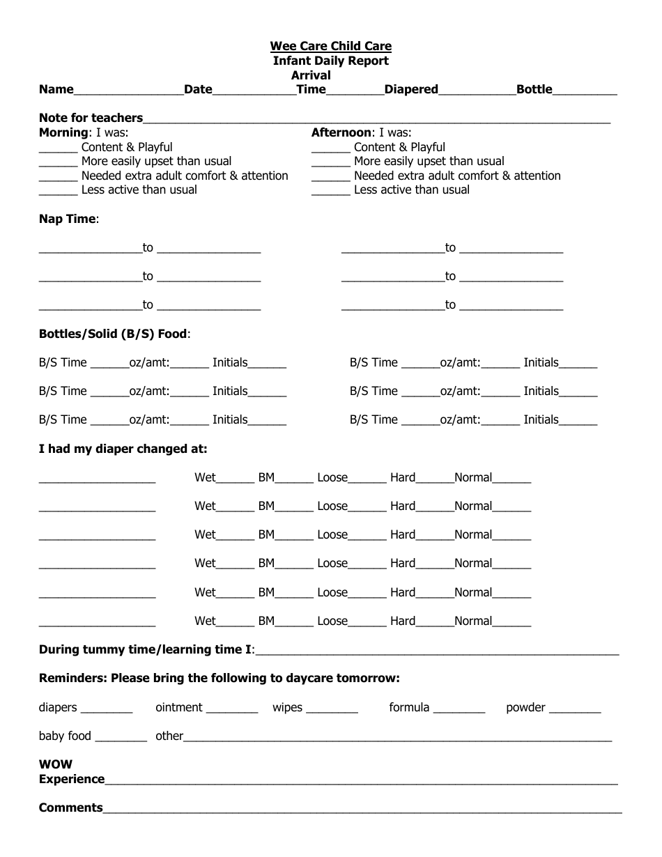Infant Daily Report Template - Wee Care Child Care Download Inside Daycare Infant Daily Report Template