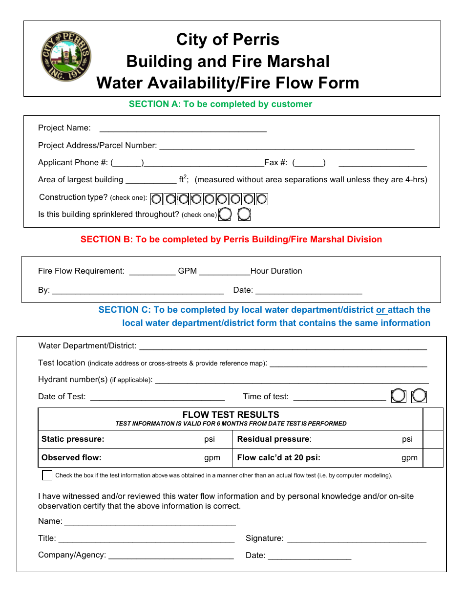 Water Availability / Fire Flow Form - City of Perris, California, Page 1