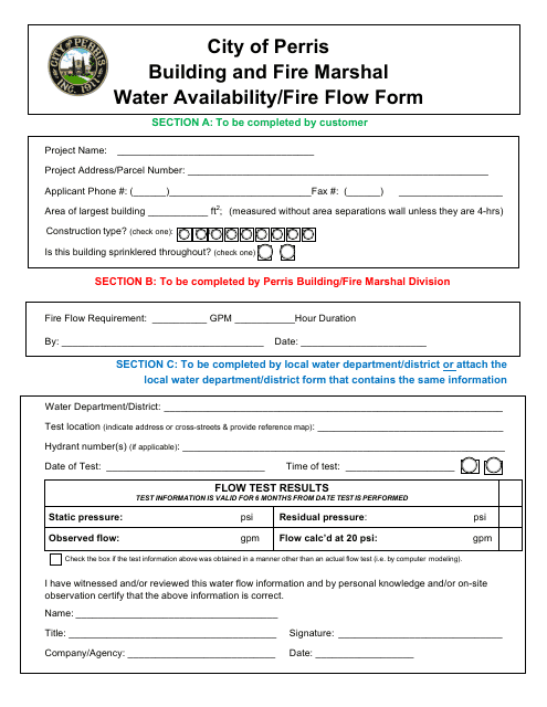 Water Availability / Fire Flow Form - City of Perris, California Download Pdf