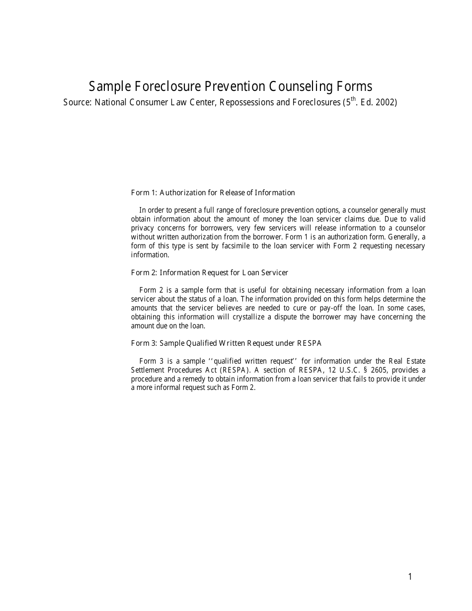 Sample Foreclosure Prevention Counseling Forms