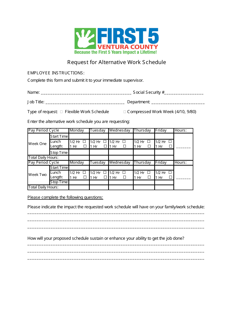 Request Template for Alternative Work Schedule First Five Ventura