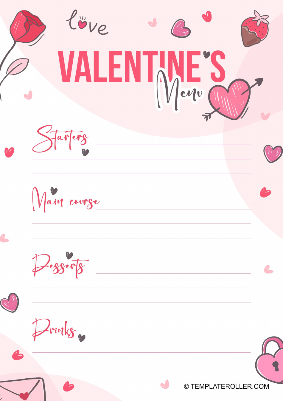 Valentine's Menu Template with Flower and Strawberry