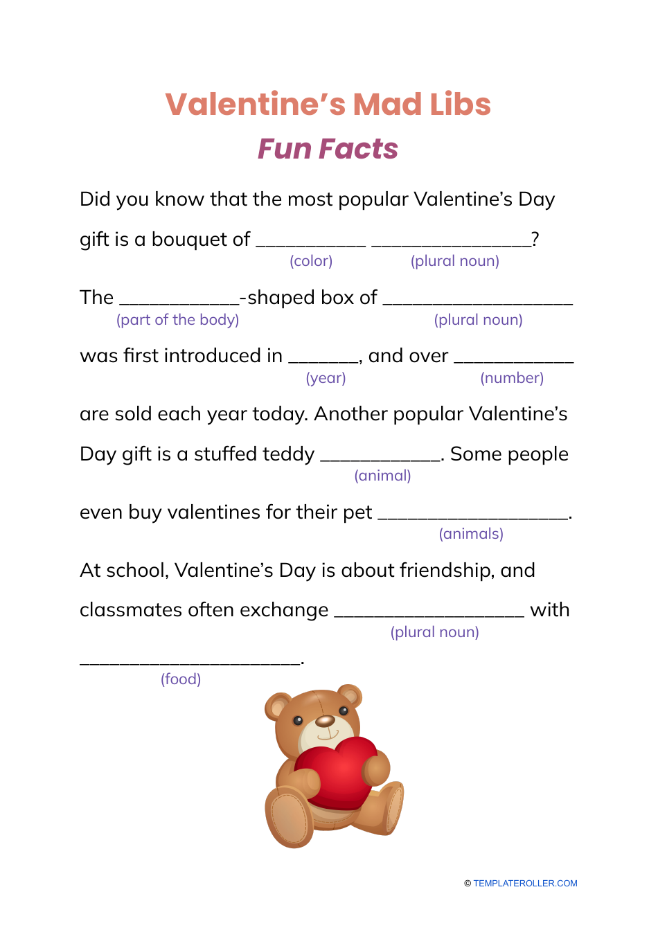 Valentine s Day Mad Libs Fun Facts Download Printable PDF Templateroller