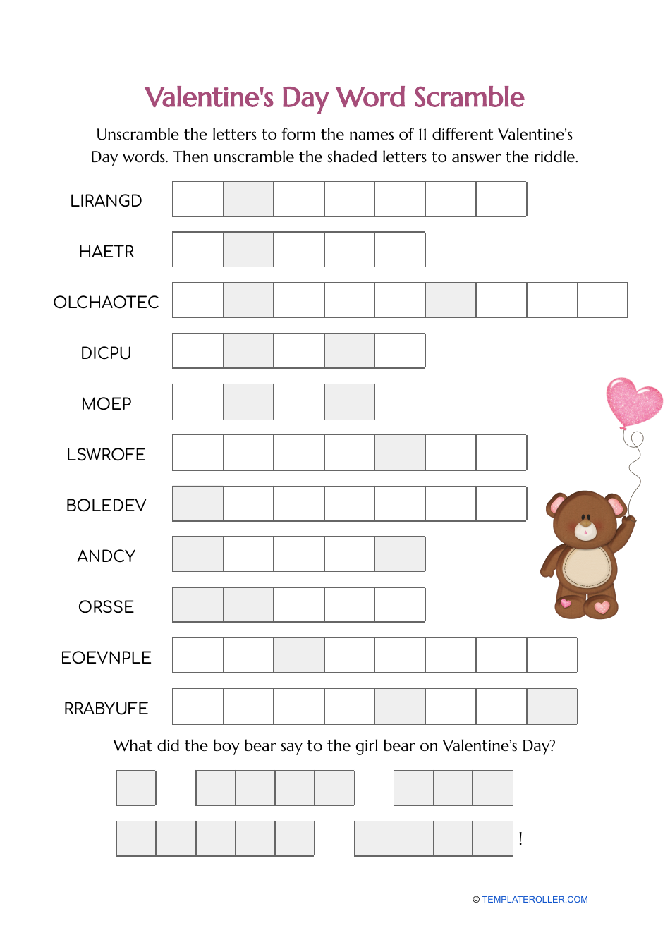 Valentine's Day Word Scramble worksheet preview