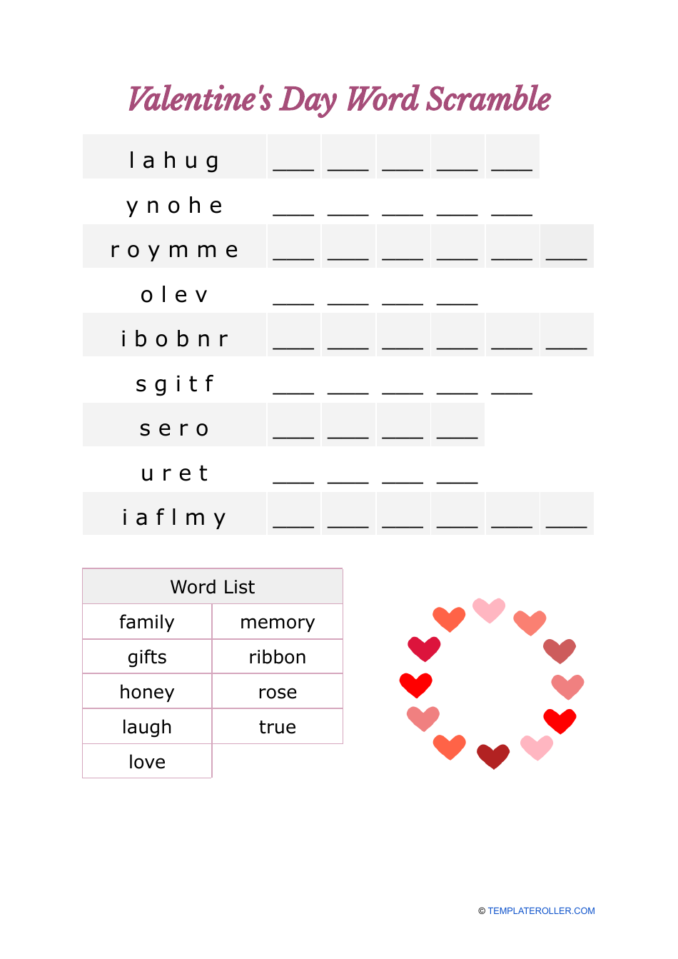 Valentine's Day Word Scramble - Circle of Hearts