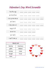 Document preview: Valentine's Day Word Scramble - Circle of Hearts