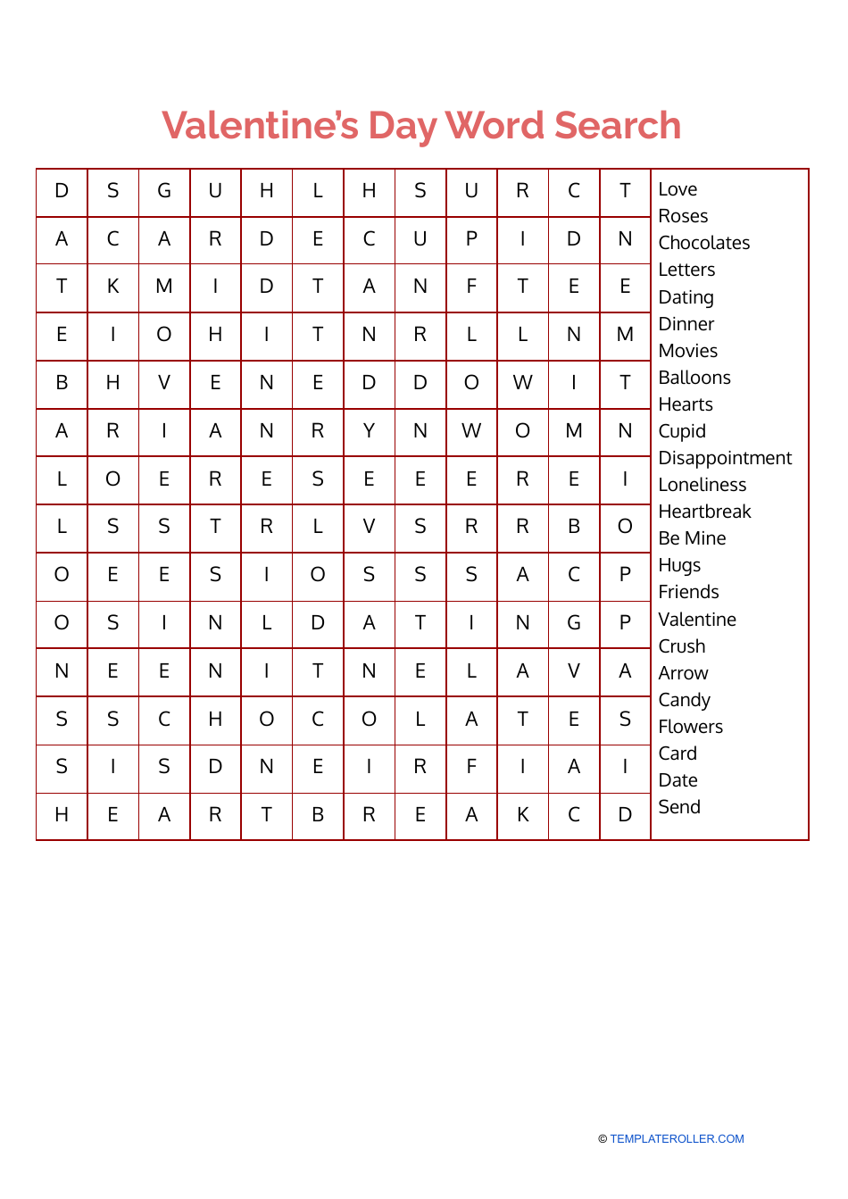 Valentine's Day Word Search on red background