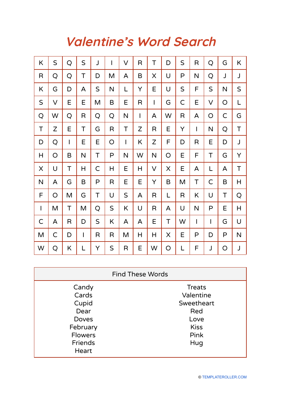 Preview of Valentine's Day Word Search document, colored in orange