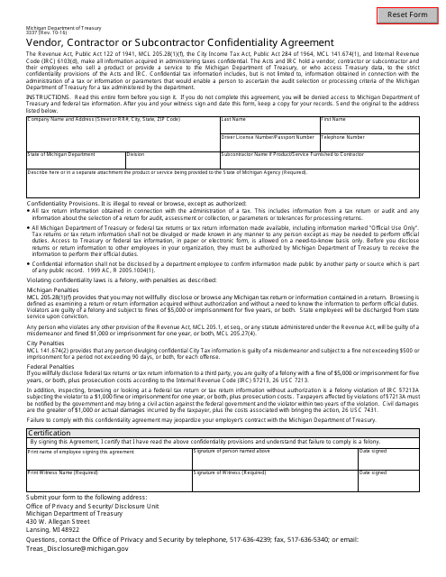 Form 3337 Vendor, Contractor or Subcontractor Confidentiality Agreement - Michigan