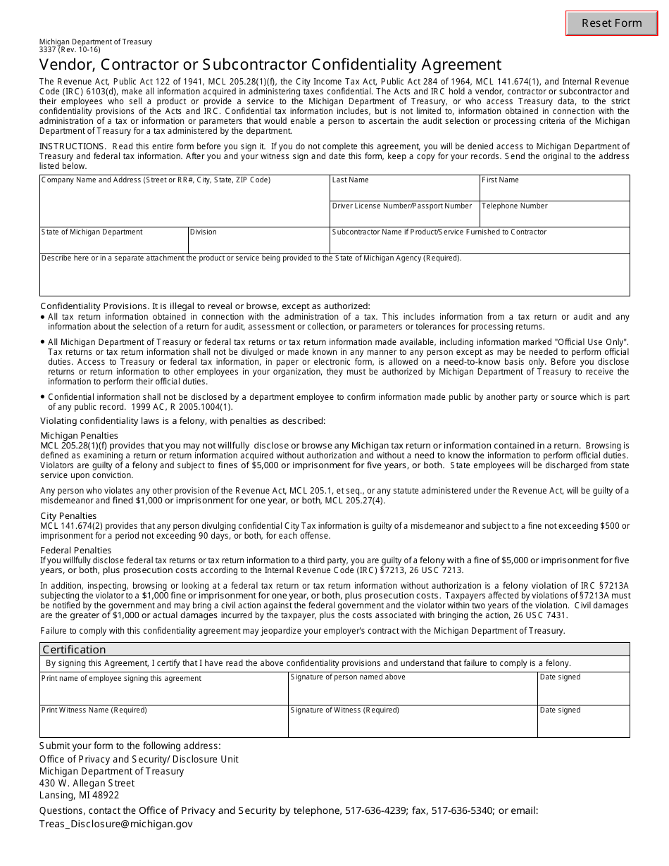Form 3337 Vendor, Contractor or Subcontractor Confidentiality Agreement - Michigan, Page 1