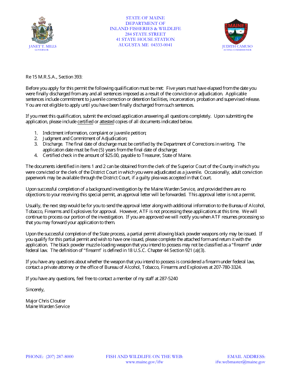 Maine Application for a Permit to Carry Nonconcealed Firearm by a