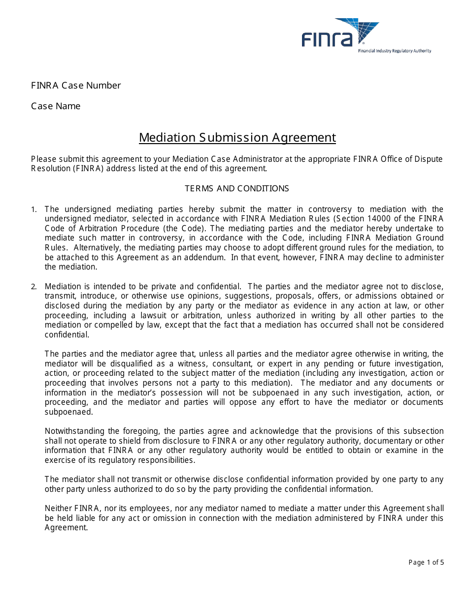 Mediation Submission Agreement, Page 1