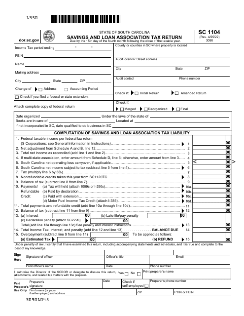 Form SC1104 Savings and Loan Association Tax Return - South Carolina