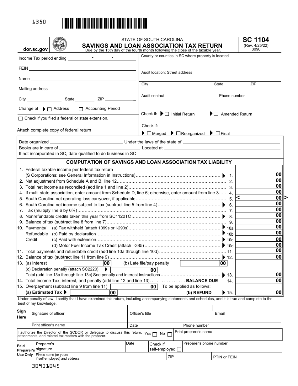 Form SC1104 Savings and Loan Association Tax Return - South Carolina, Page 1