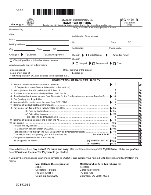 Form SC1101B Bank Tax Return - South Carolina