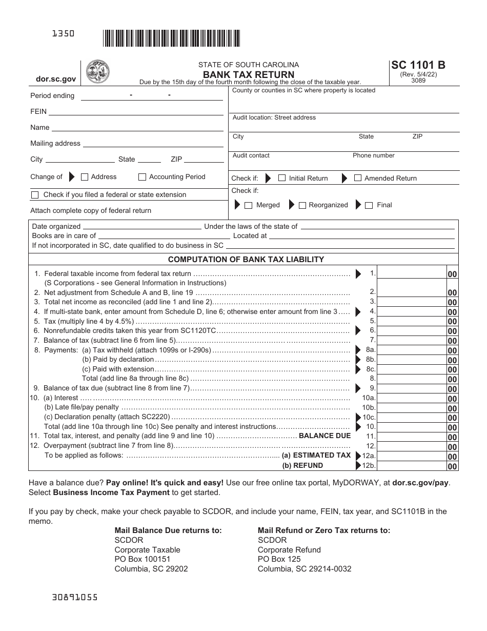 Form SC1101B Bank Tax Return - South Carolina, Page 1