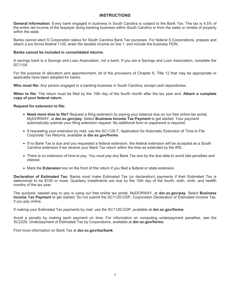 Form SC1101B Bank Tax Return - South Carolina, Page 4