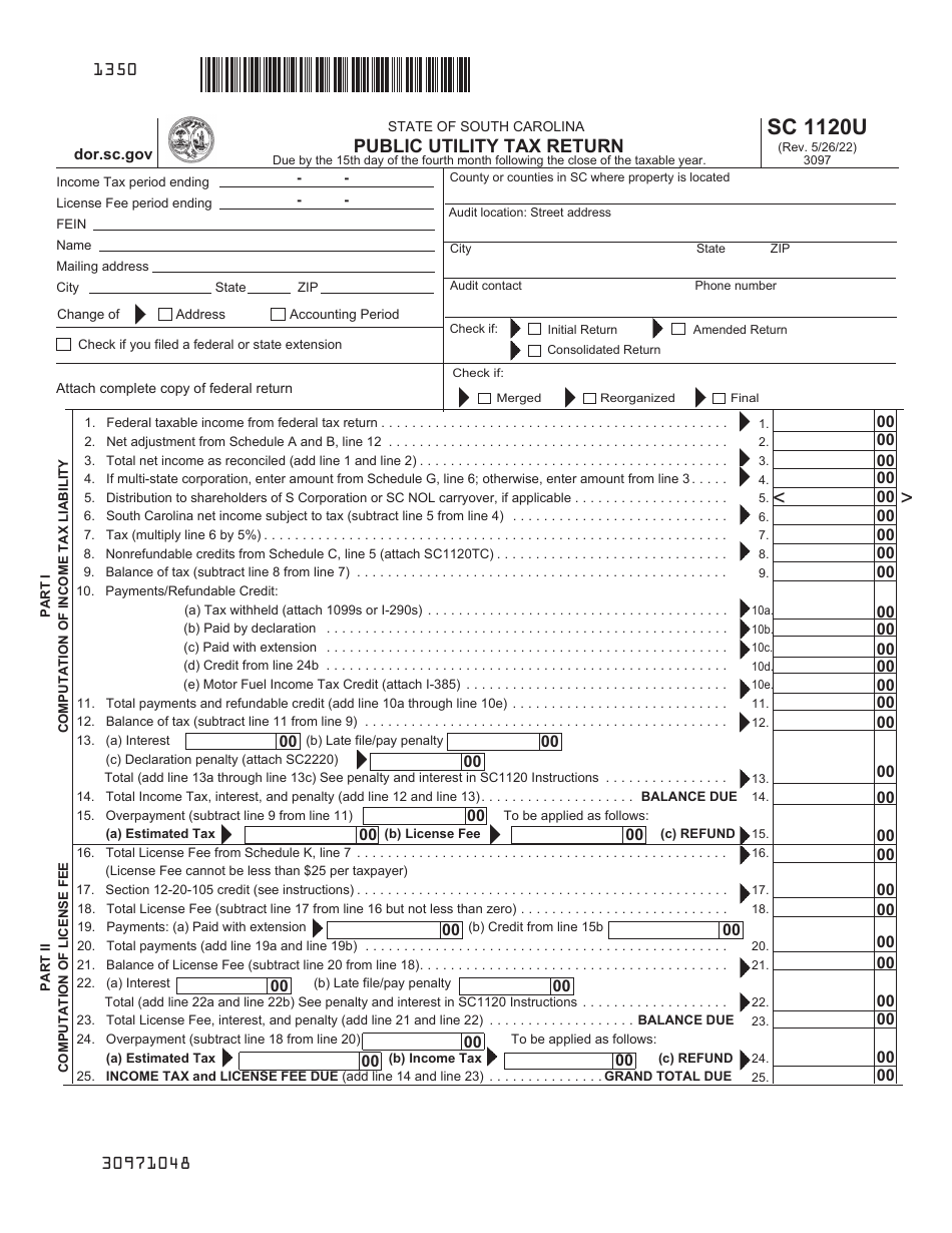 Form Sc1120u Download Printable Pdf Or Fill Online Public Utility Tax Return South Carolina 2096