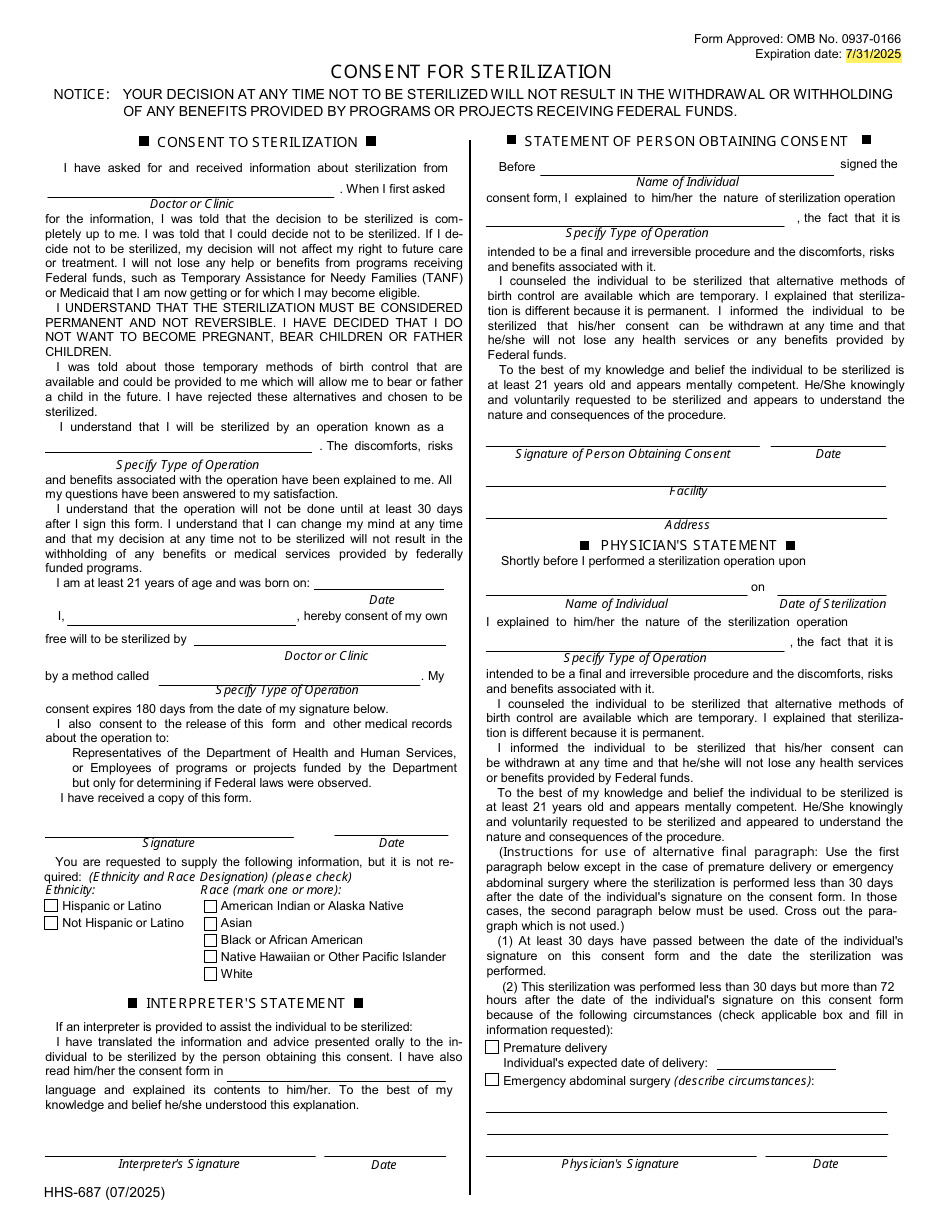 Form HHS687 Download Fillable PDF or Fill Online Consent for