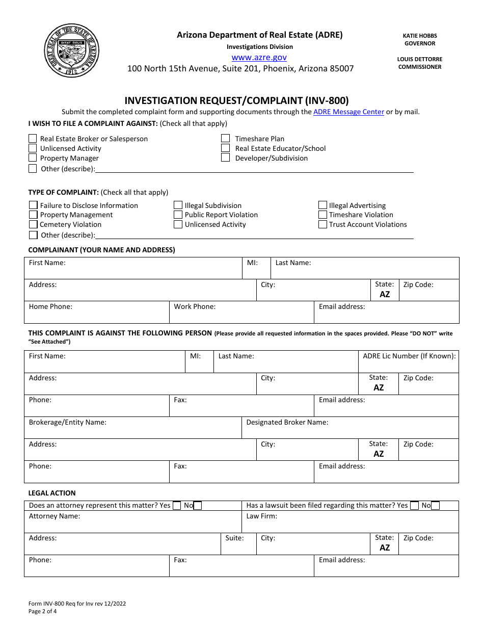 Form INV-800 Investigation Request / Complaint - Arizona, Page 2