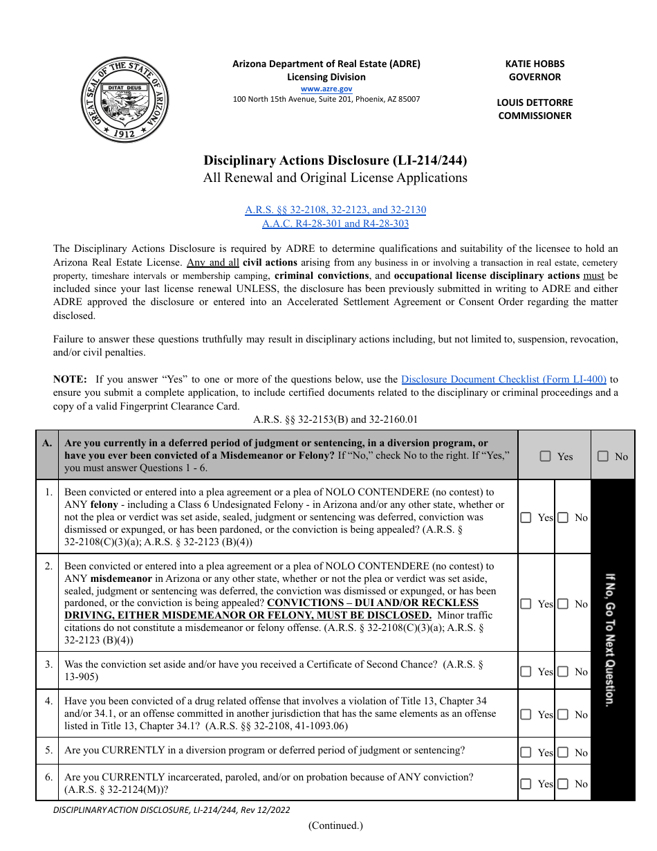 Form LI-214 (LI-244) Disciplinary Actions Disclosure - Arizona, Page 1