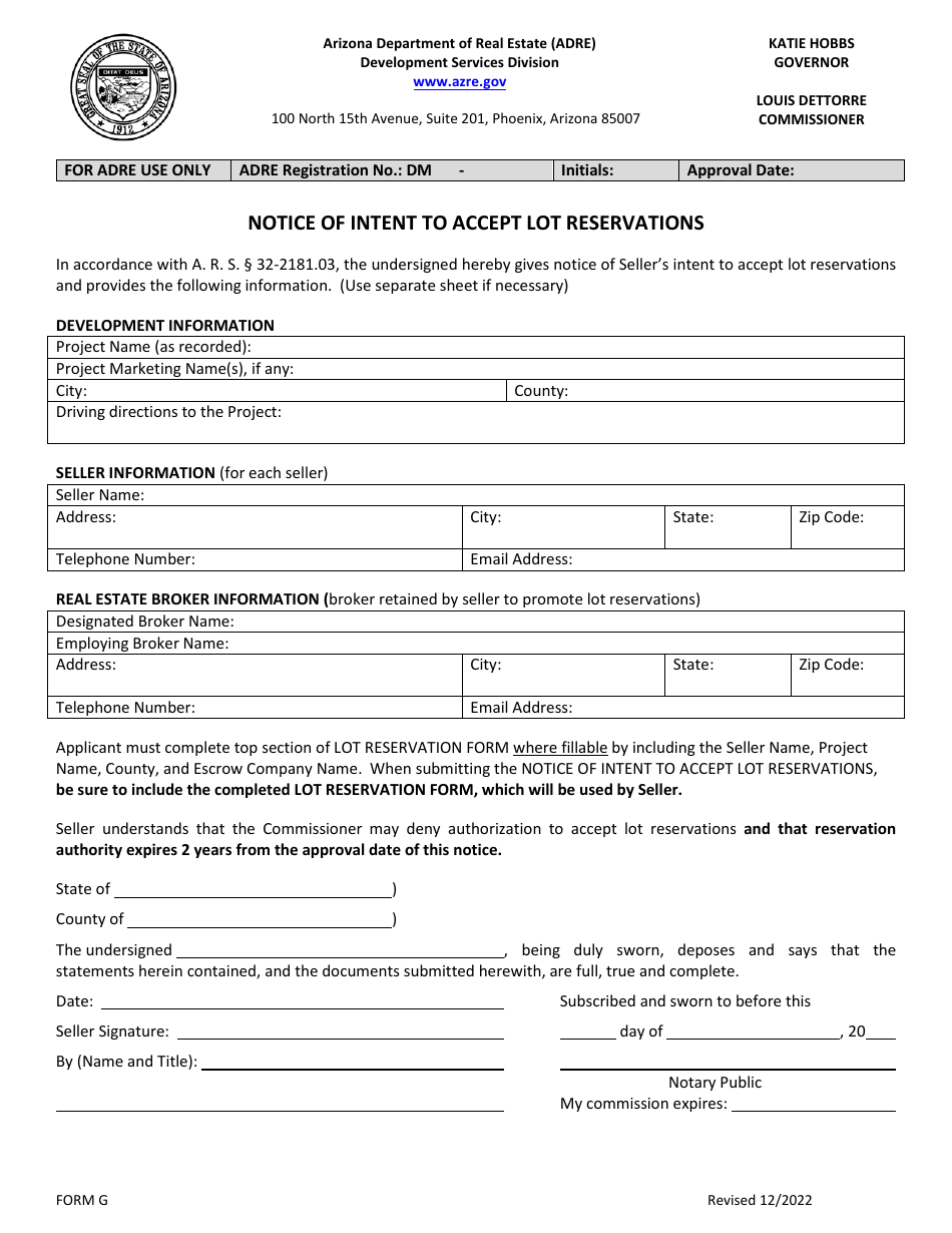 Form G Notice of Intent to Accept Lot Reservations - Arizona, Page 2