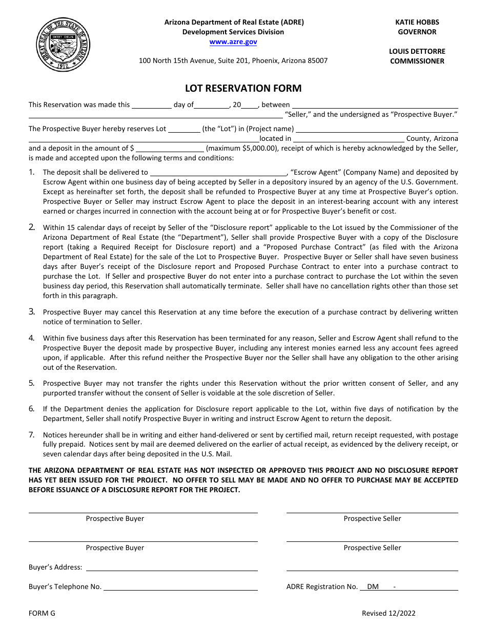 Form G Notice of Intent to Accept Lot Reservations - Arizona, Page 3
