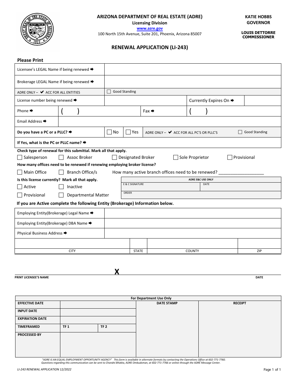 Form LI-243 Renewal Application - Arizona, Page 1