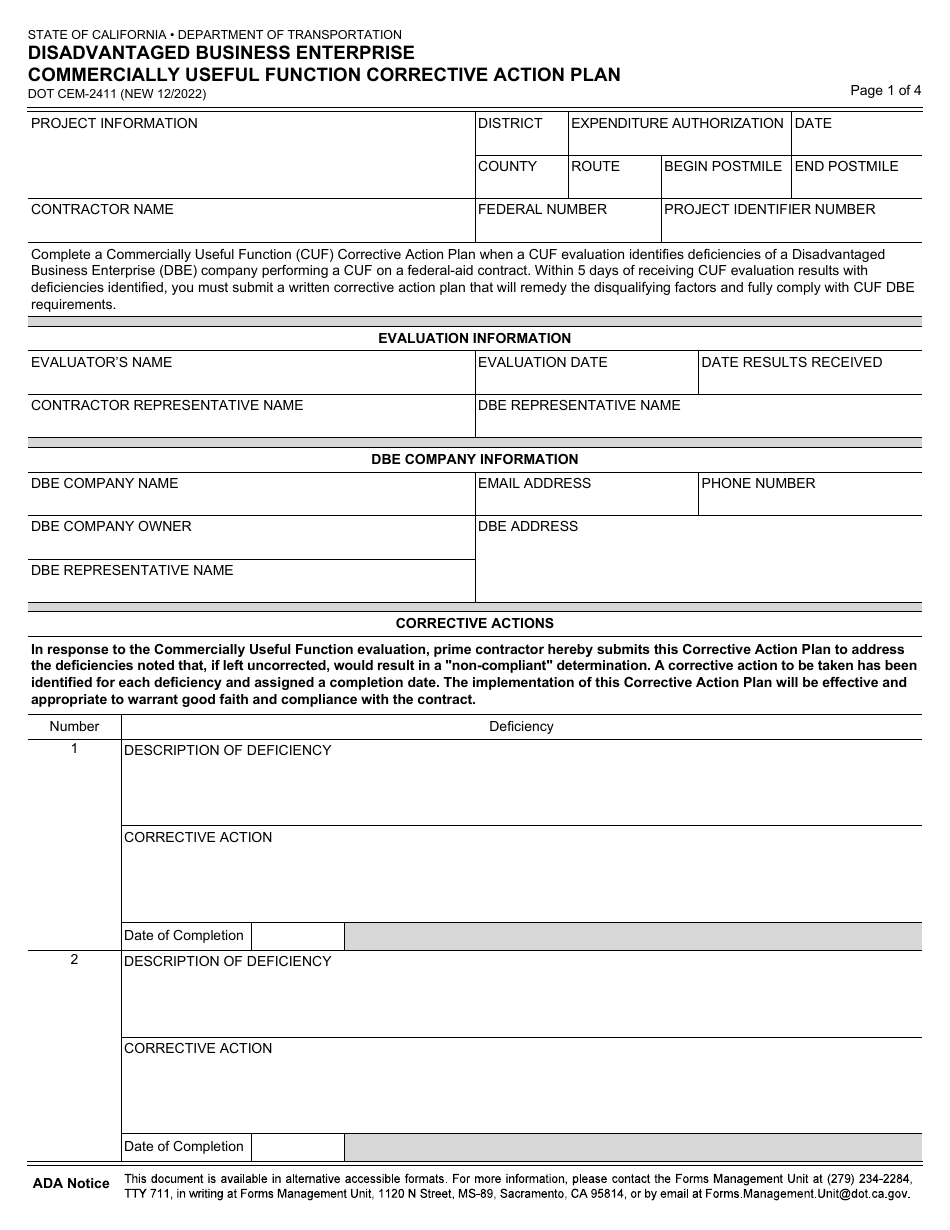Form DOT CEM-2411 Disadvantaged Business Enterprise Commercially Useful Function Corrective Action Plan - California, Page 1