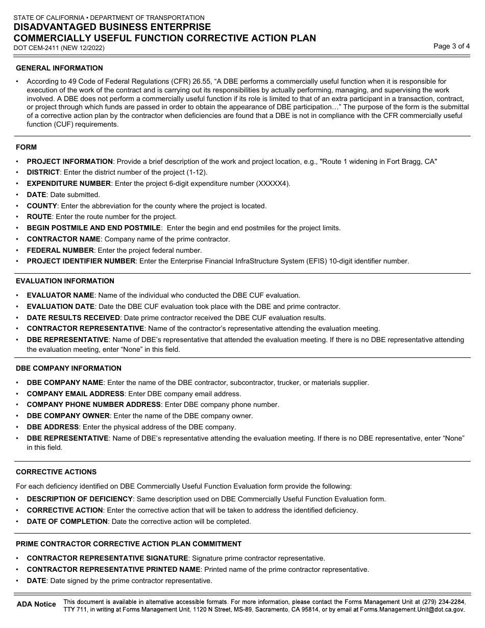 Form DOT CEM-2411 Disadvantaged Business Enterprise Commercially Useful Function Corrective Action Plan - California, Page 3