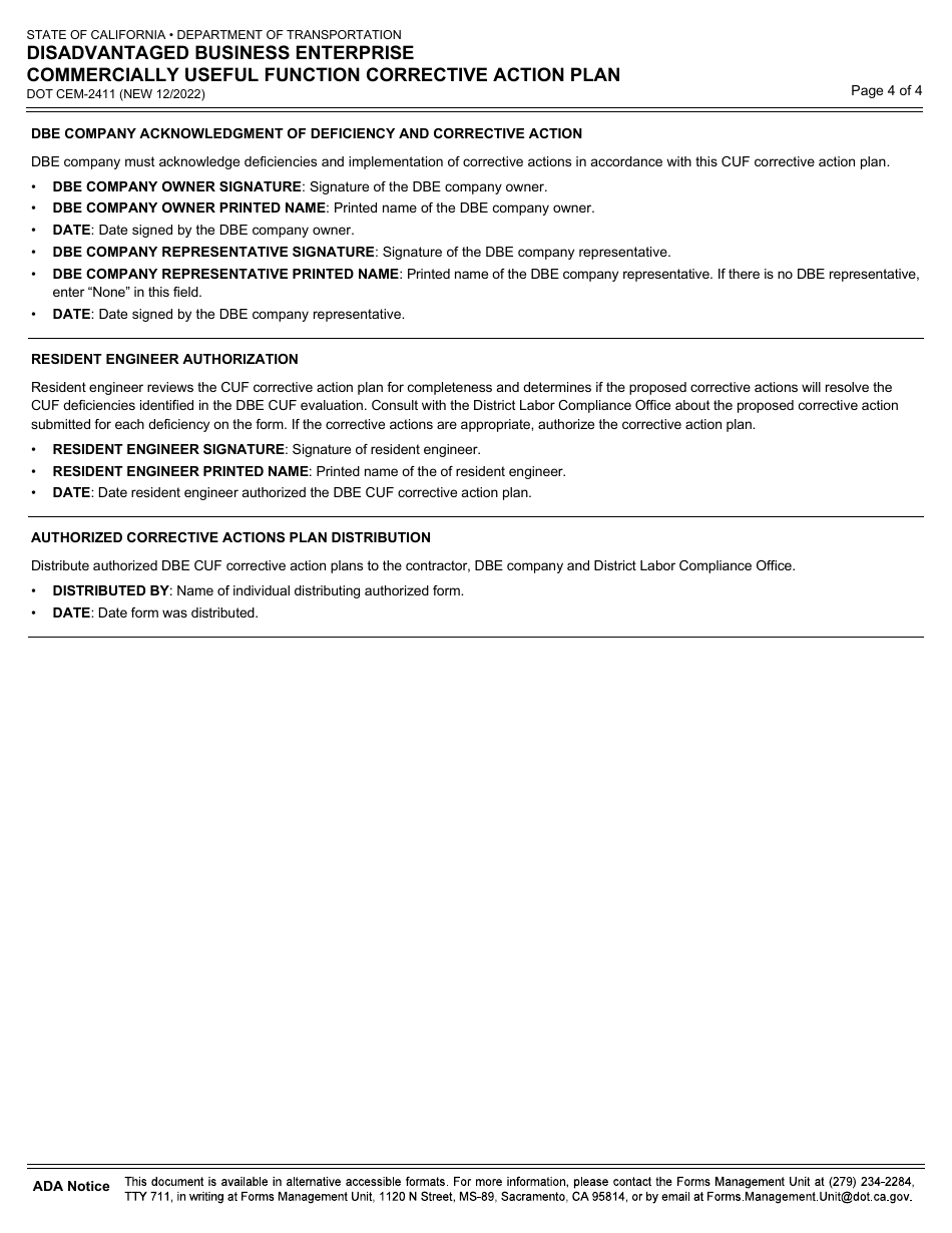 Form DOT CEM-2411 Disadvantaged Business Enterprise Commercially Useful Function Corrective Action Plan - California, Page 4
