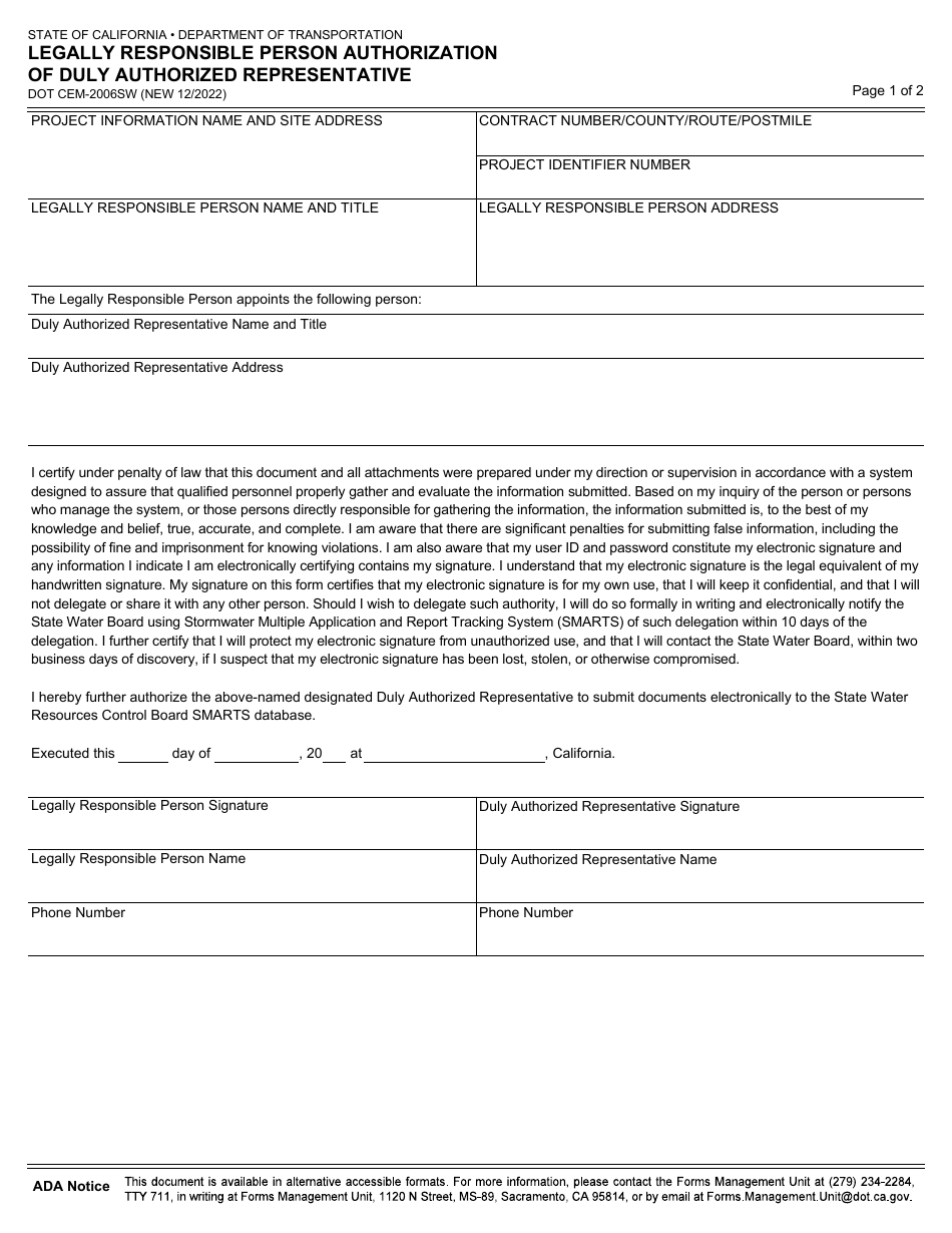 Form DOT CEM-2006SW Legally Responsible Person Authorization of Duly Authorized Representative - California, Page 1