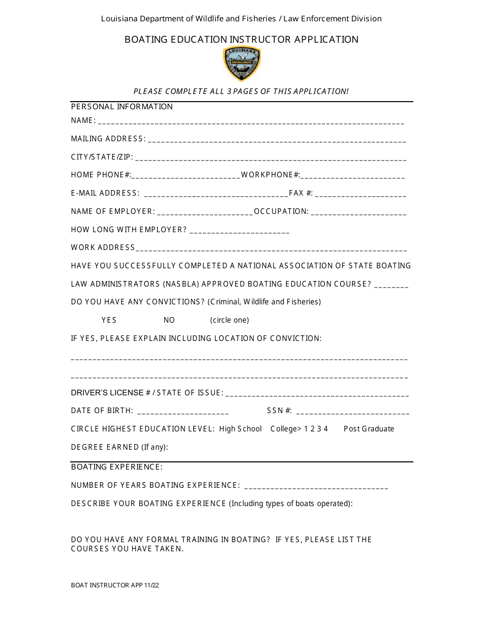 Louisiana Boating Education Instructor Application Fill Out, Sign Online and Download PDF