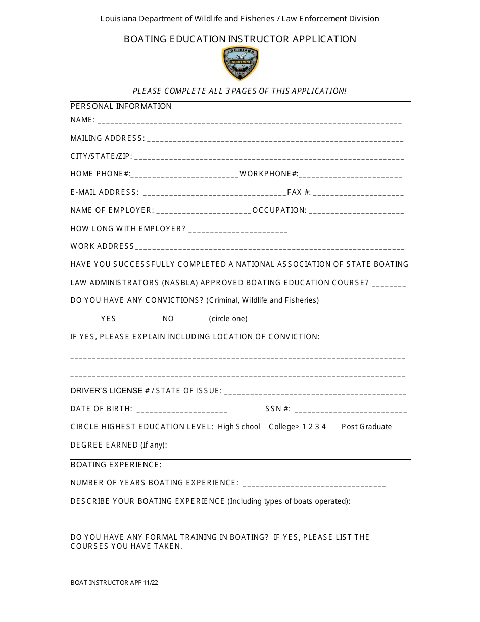 Boating Education Instructor Application - Louisiana, Page 1